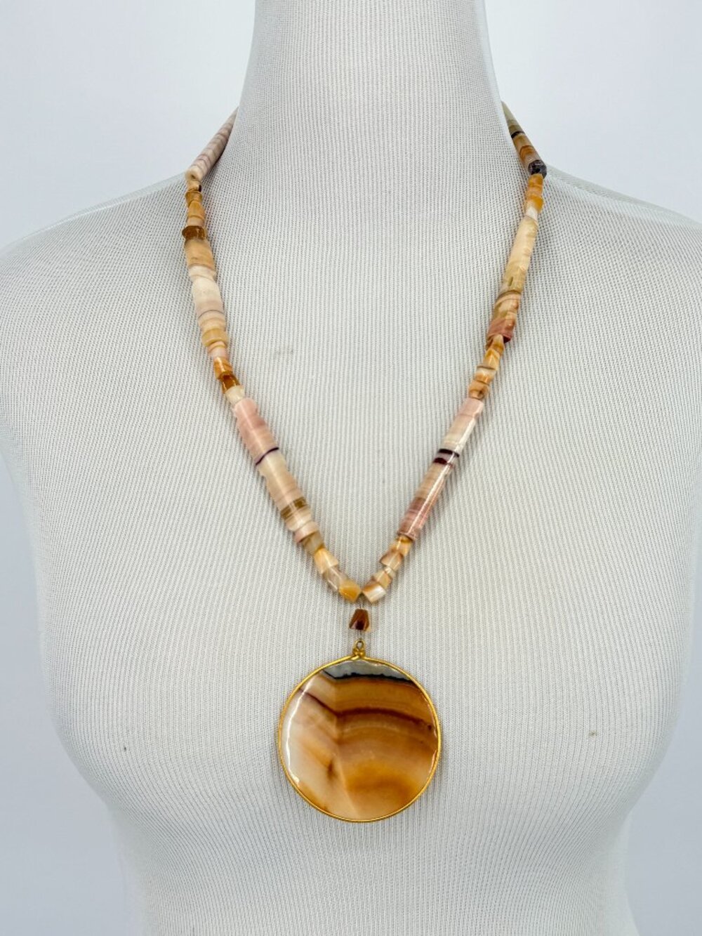 Vintage 70s Boho Natural Stone Banded Agate Beaded Statement Necklace